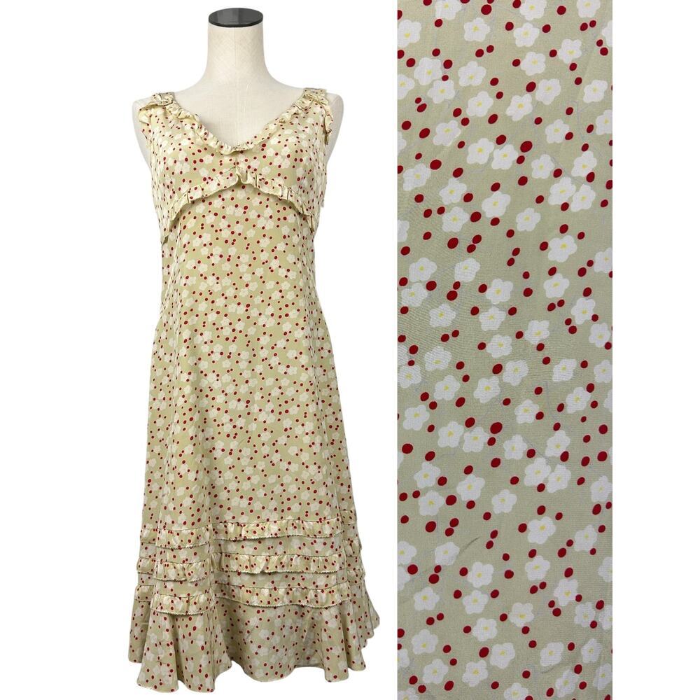 Anthropologie Vintage Y2K Twee Odille Cherry Blossom Silk Ruffle Trim Dress 6